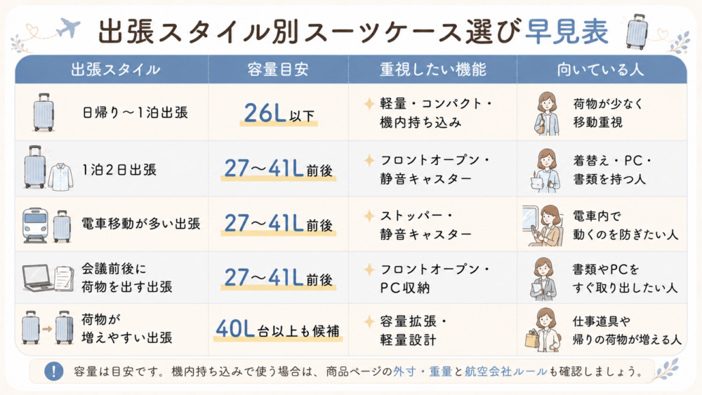 出張スタイル別スーツケース選び早見表