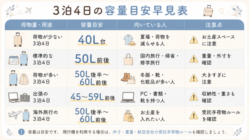 3泊4日の容量目安早見表