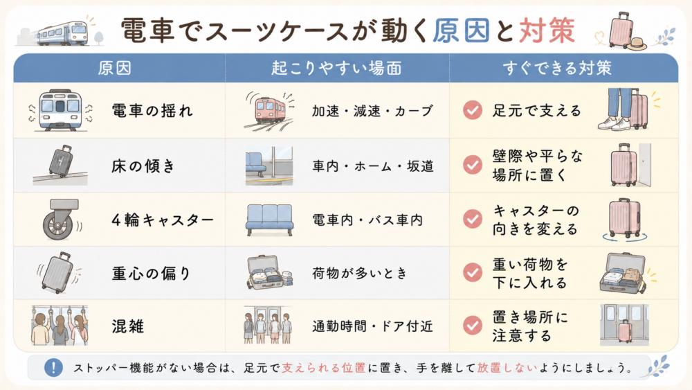 電車でスーツケースが動く原因と対策