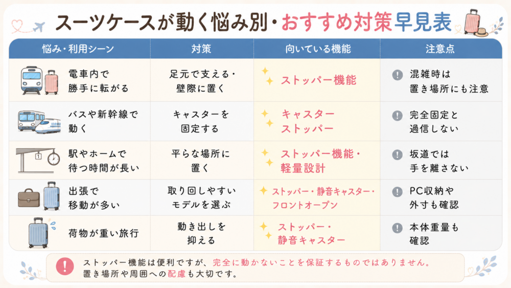 スーツケースが動く悩み別・おすすめ対策