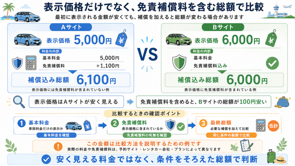 基本料金だけのプランと免責補償料込みプランの比較図