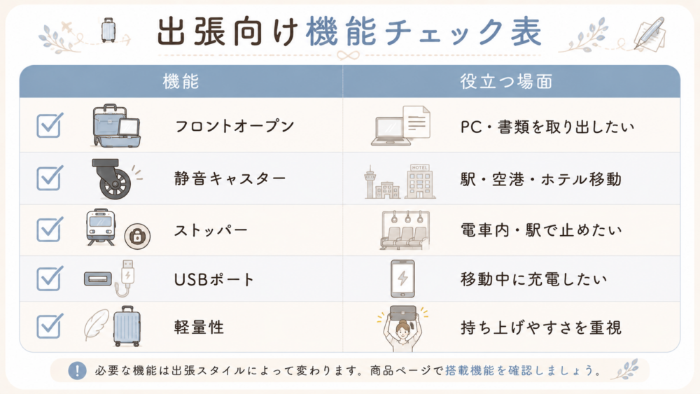 出張向け機能チェック表