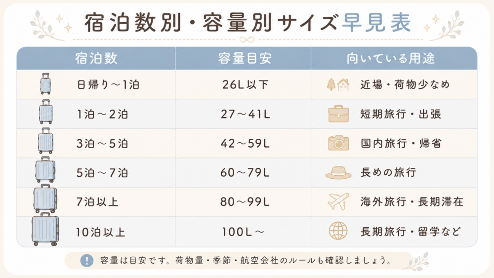 宿泊数別・容量別サイズ早見表