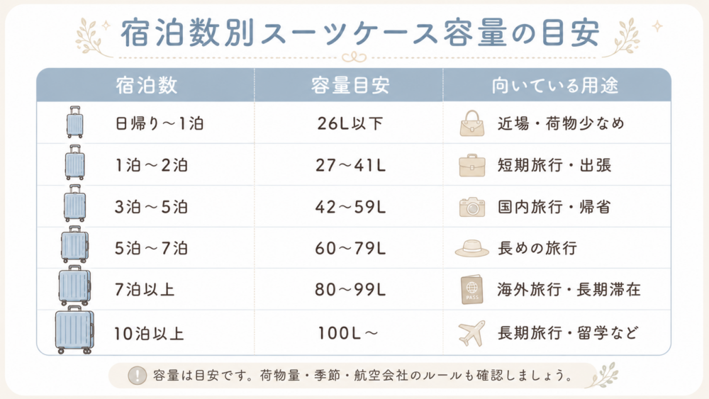 宿泊数別・容量別のサイズ早見表