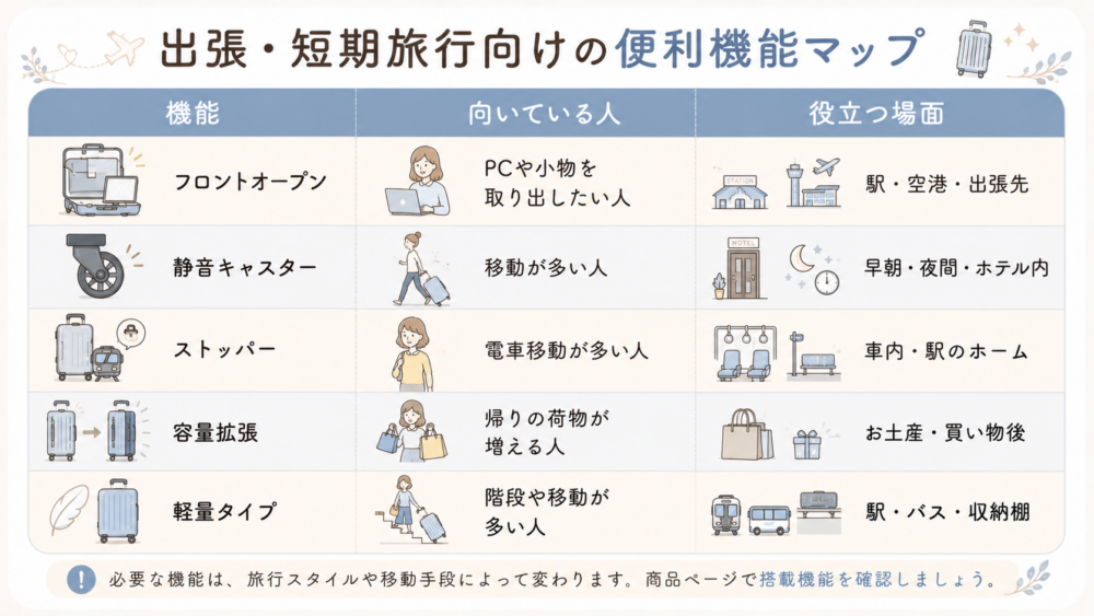 出張・短期旅行向けの便利機能