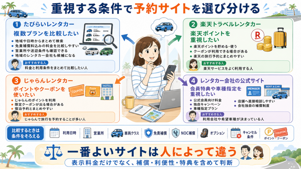 たびらい・楽天トラベル・じゃらん・公式サイトの選び分け図